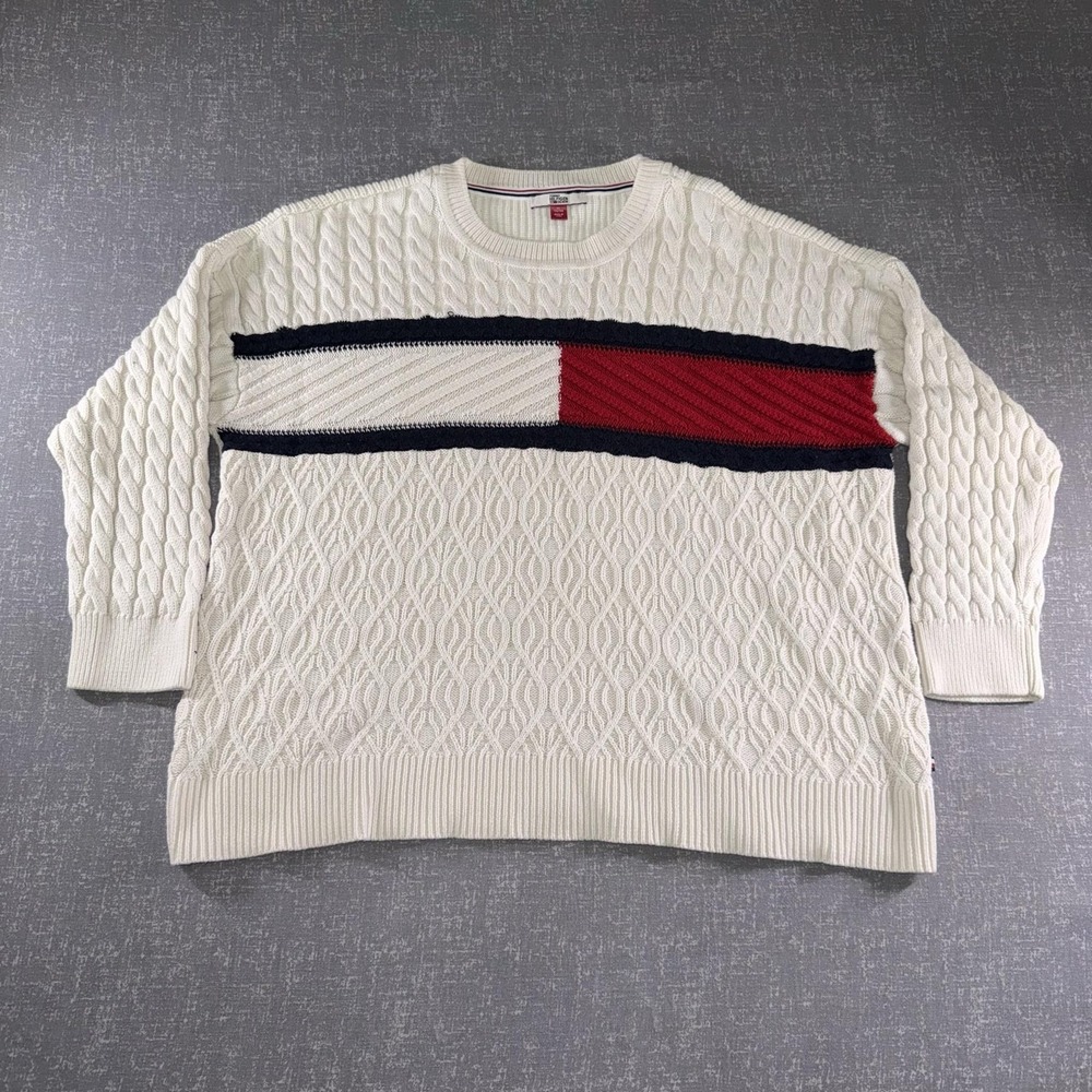 Tommy Hilfiger Denim Sweater Mens XL White Cable Knit Flag Stripe Pullover